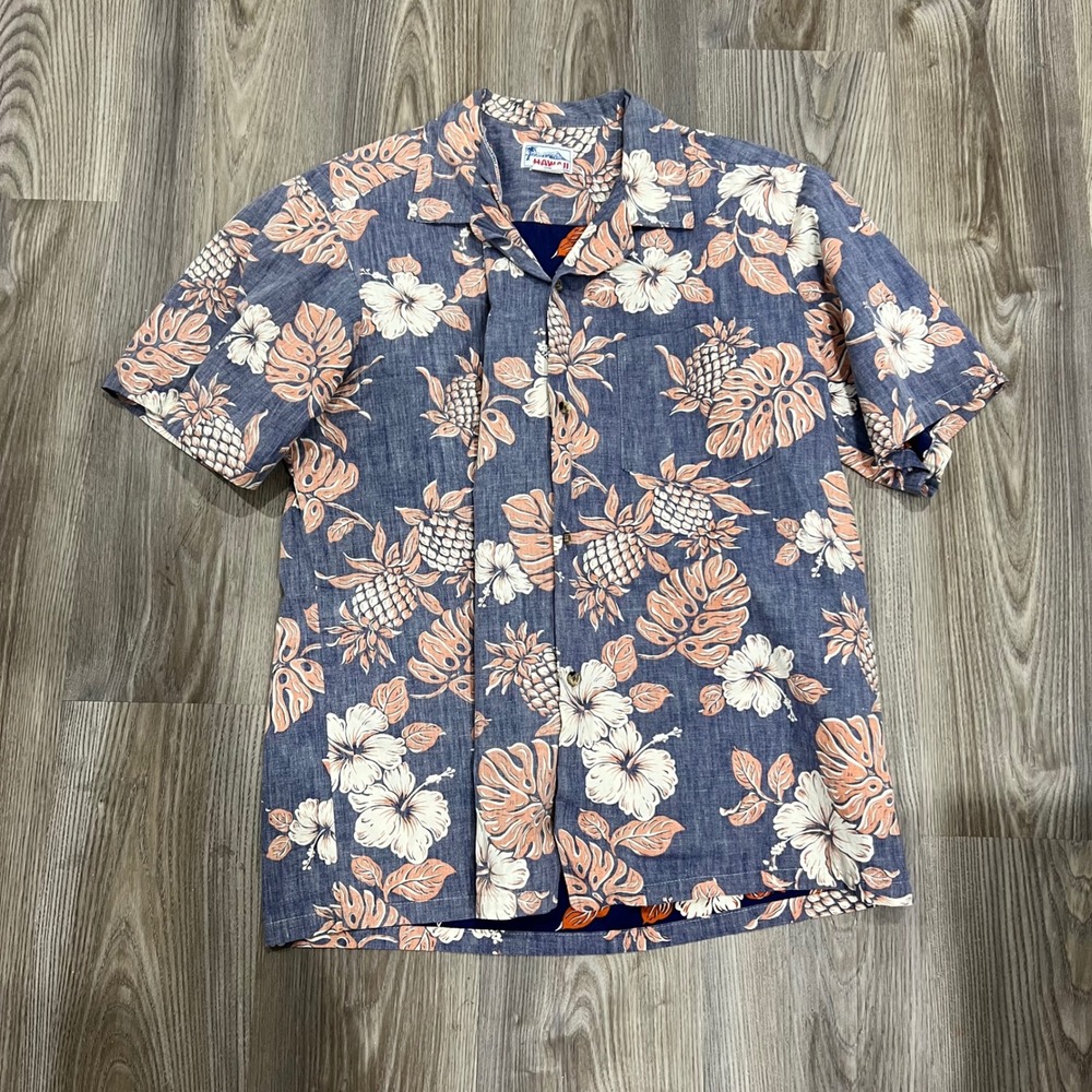 Hawaii Hang Ten Mens Blue Tropical Pineapple Hibiscus Button Down Shirt Medium